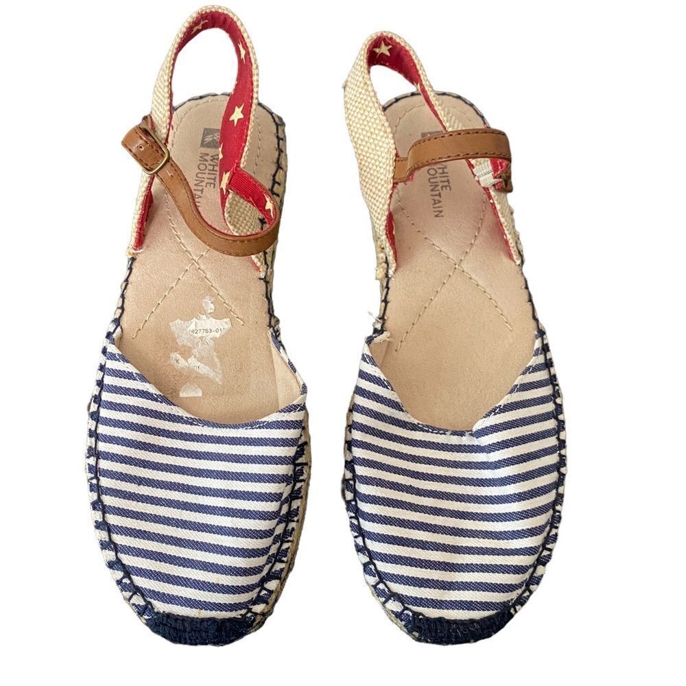 White Mountain Espadrille Striped Tan/Blue Sandals Sz 6.5